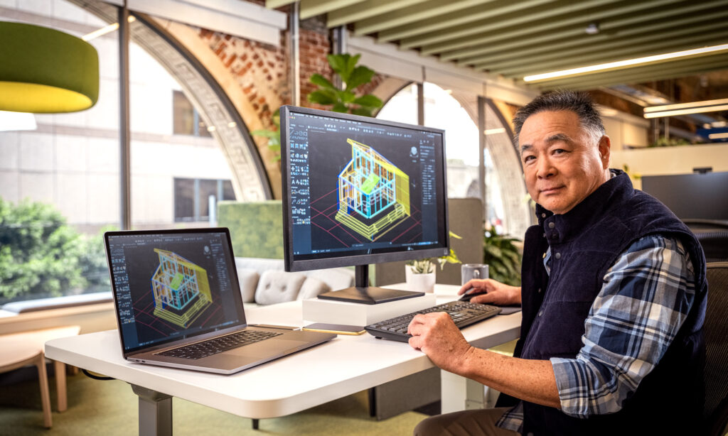 Advanced AutoCAD workflows on screen, man showing off complicated autocad drawing