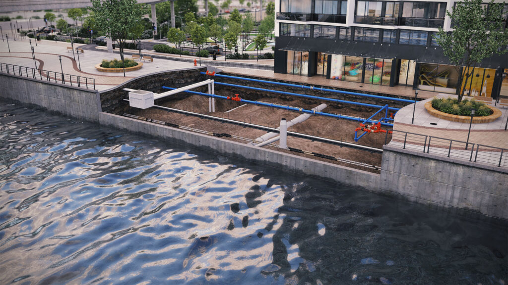 Rendering of Water infrastructure, pipes underneath the sidewalk overlooking a body of water created in Civil 3D 2025